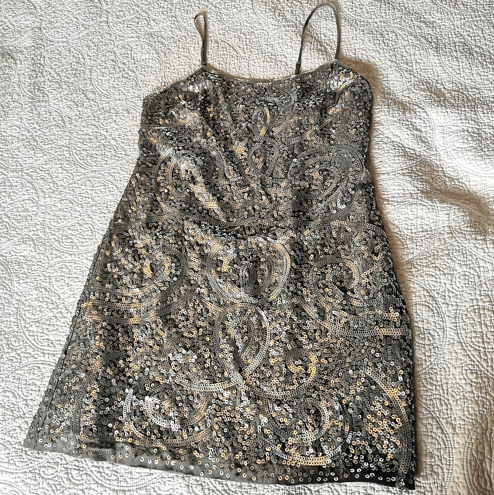 BCBG MaxAzria mini silver sequin dress